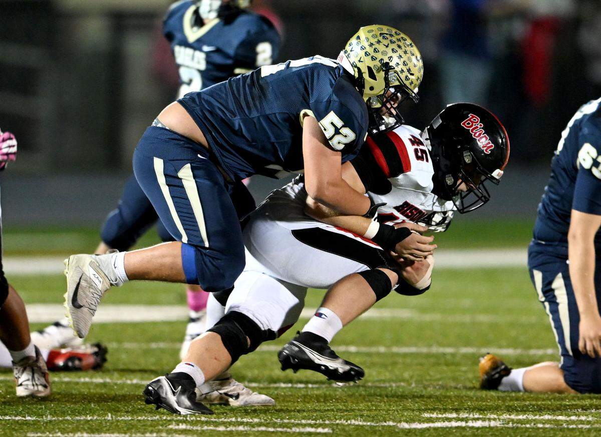 Bald Eagle Area’s Alex Lefebvre stops Clearfield’s Carter Chamberlain during the game on Friday, Oct. 6, 2023.