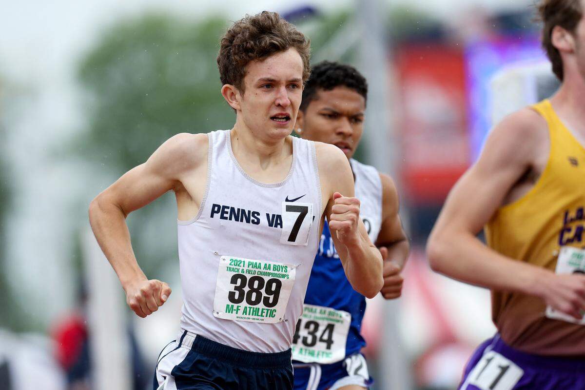 Penns Valley’s Colton Sands competes in the boys Class 2A 800 meter run finals during the PIAA State Track and Field Championships held Friday, May 28, 2021, at Seth Grove Stadium on the Shippensburg University campus in Shippensburg, PA.