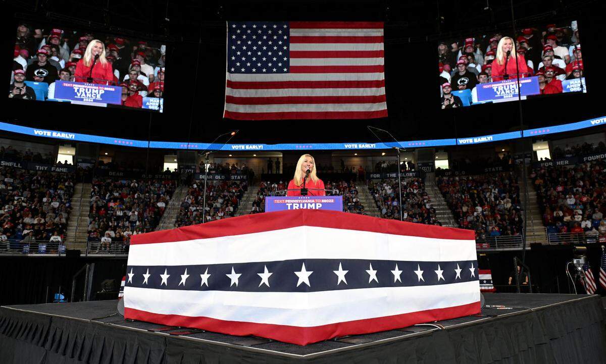 Rep. Marjorie Taylor Greene speaks to the crowd during the Donald Trump rally at the Bryce Jordan Center on Saturday, Oct. 26, 2024.