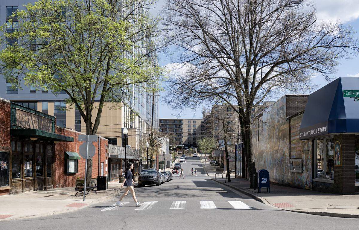 People cross Hiester Street on Thursday, April 16, 2026.