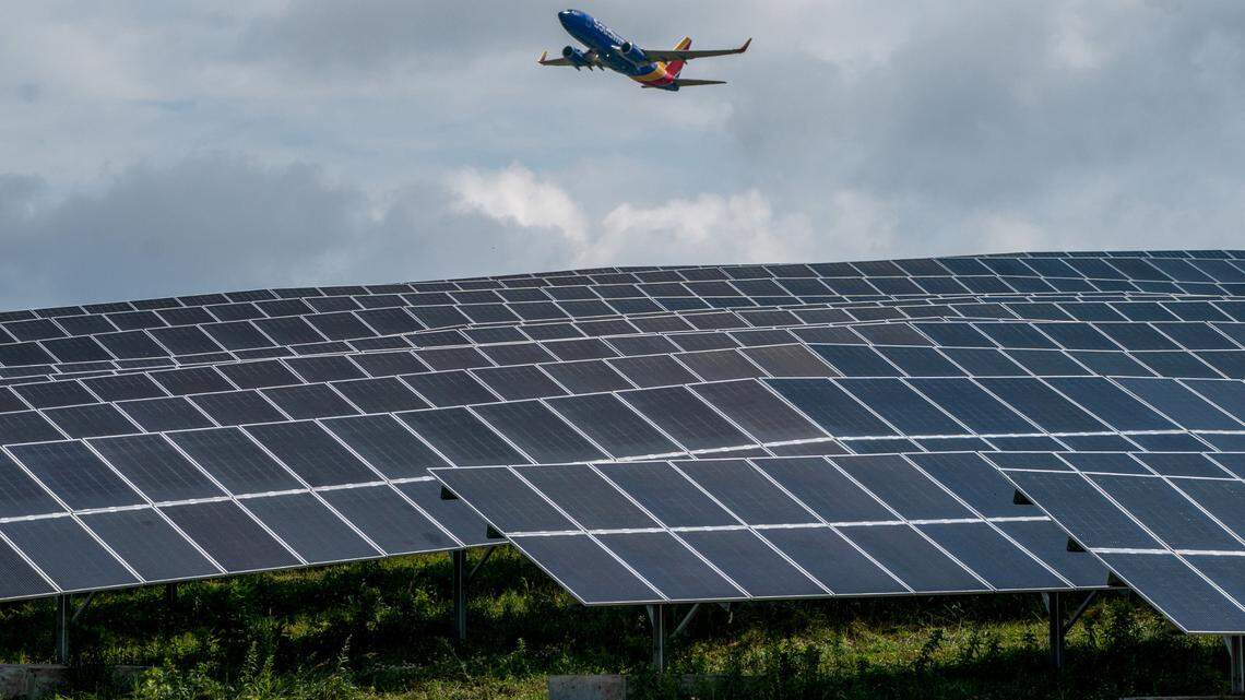 The 9,360 panel solar array installed at the Pittsburgh International Airport photographed on July 14, 2021, in Imperial.