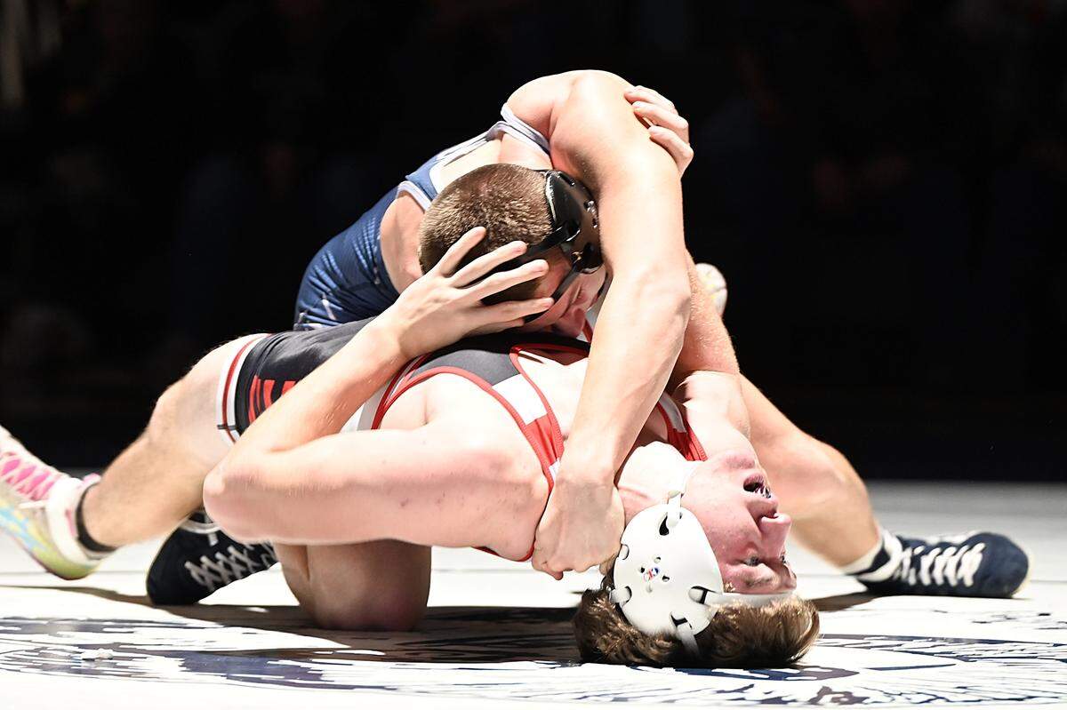 Penns Valley’s Ty Watson records nearfall points on Clearfield’s Ty Aveni in their 152-pound bout of the Rams’ 37-24 loss on Dec. 7. Watson picked up a 7-0 win over Aveni.