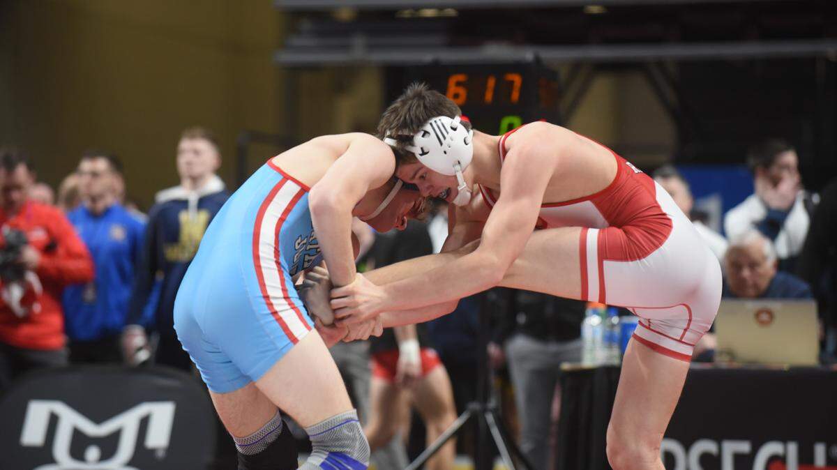 Bellefonte’s Jude Swisher earned a 10-1 major decision over Father Judge’s Eamonn Logue at 126 pounds Thursday during the first round of the PIAA Class 3A wrestling championships at the Giant Center in Hershey.