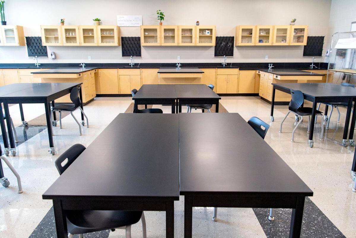 A science lab at State College Area high school with half of the chairs is pictured in August.
