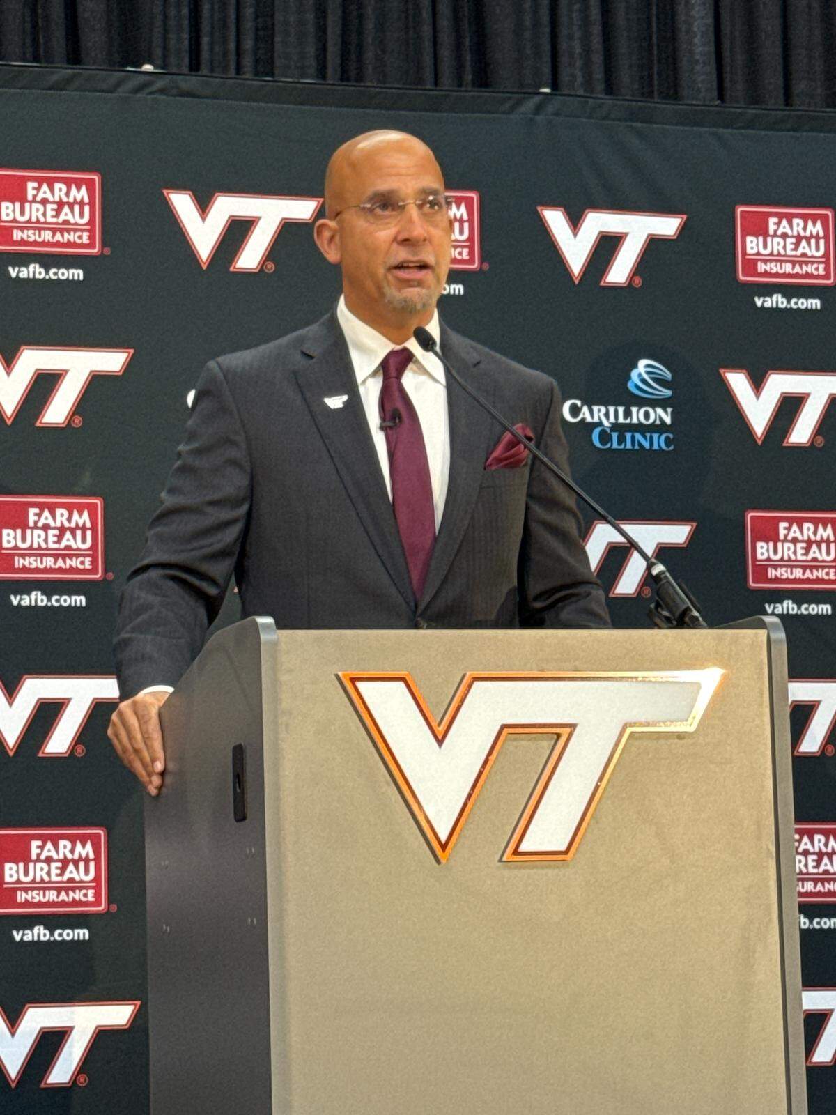 Football coach James Franklin speaks during his introductory press conference at Virginia Tech on Wednesday, Nov. 19, 2025.