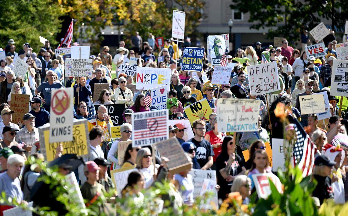 More than 1,500 people gathered on Old Main lawn for the No Kings anti-Trump rally on Saturday, Oct. 18, 2025. 