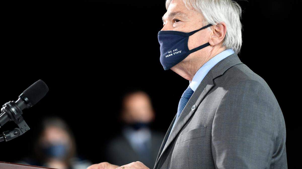 Penn State president Eric Barron talks about the university’s efforts to encourage students to receive the coronavirus vaccine during a visit from Gov. Tom Wolf at the Pegula Ice Arena on Wednesday, May 5, 2021.