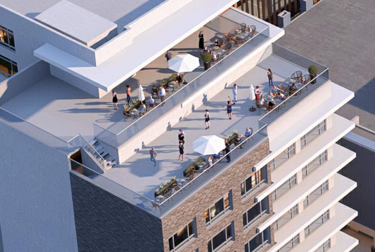 A space for outdoor dining has been proposed on the ninth floor, as part of the attached bar/restaurant. This is a rendering of that proposed space.
