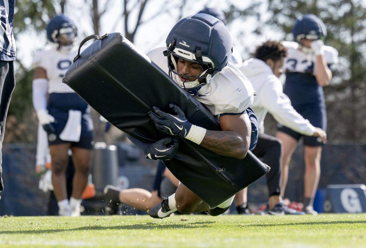 Penn State defensive end LaVar Arrington II runs a drill during practice on Thursday, April 9, 2026.  