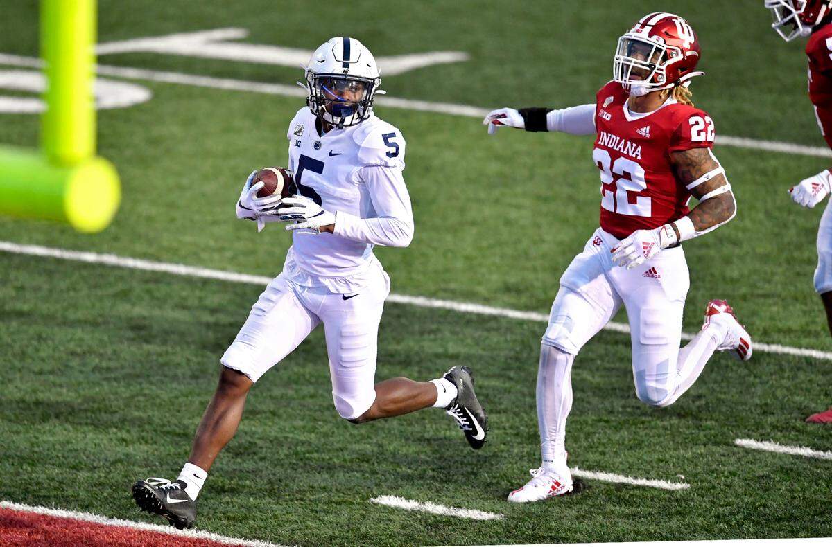 Penn State wide receiver Jahan Dotson runs into the end zone for a touchdown ahead of Indiana defenders during the game on Saturday, Oct. 24, 2020 at Memorial Stadium.  