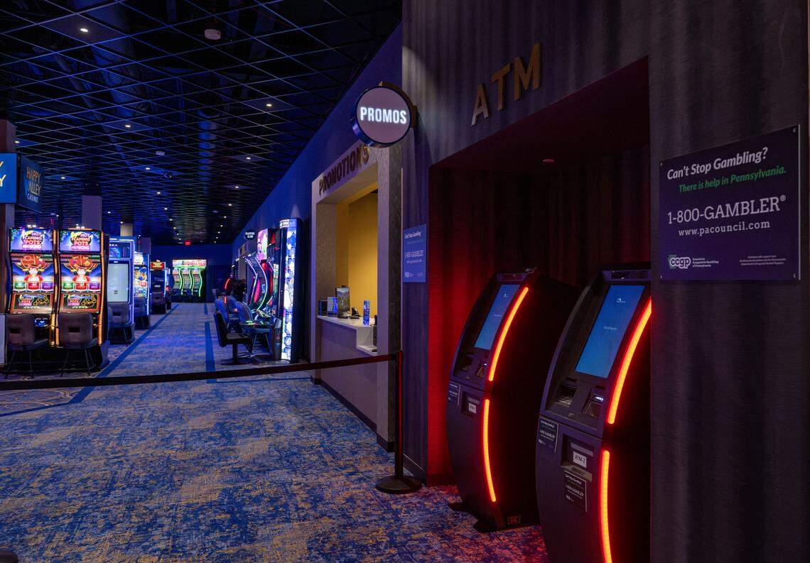 ATM machines and a promotions desk inside Happy Valley Casino on Thursday, April 23, 2026 during a media event before test days. 