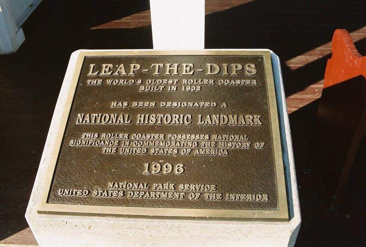 A National Historic Landmark marker for Leap-the-Dips, dedicated in 1996.