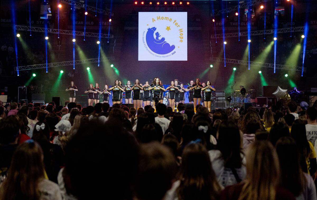 The dancer relations captains lead the line dance of the first time at Penn State Thon on Friday, Feb. 21, 2025.