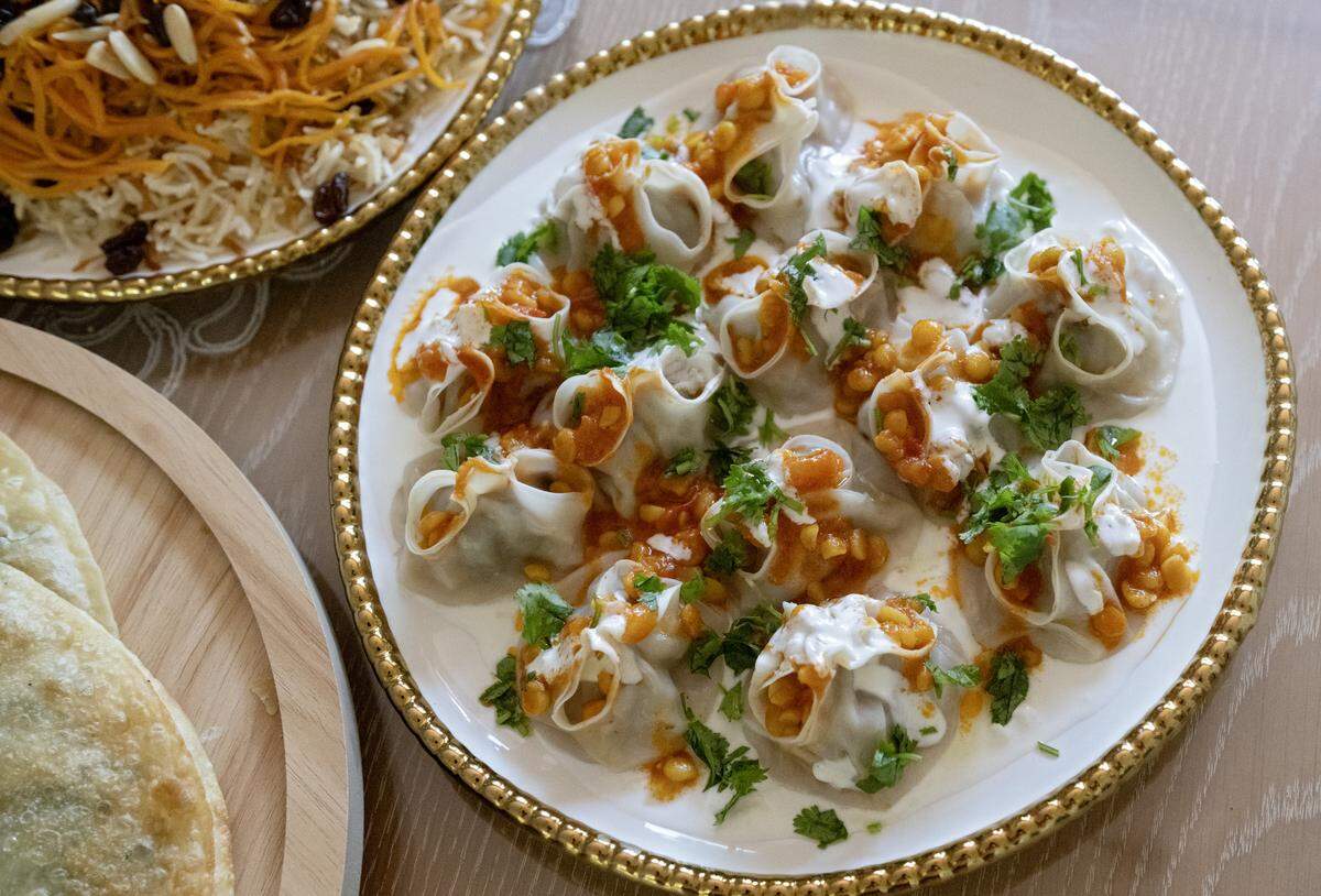 A plate of Manto, Afghan dumplings filled with beef, from from Kabul Plate. 