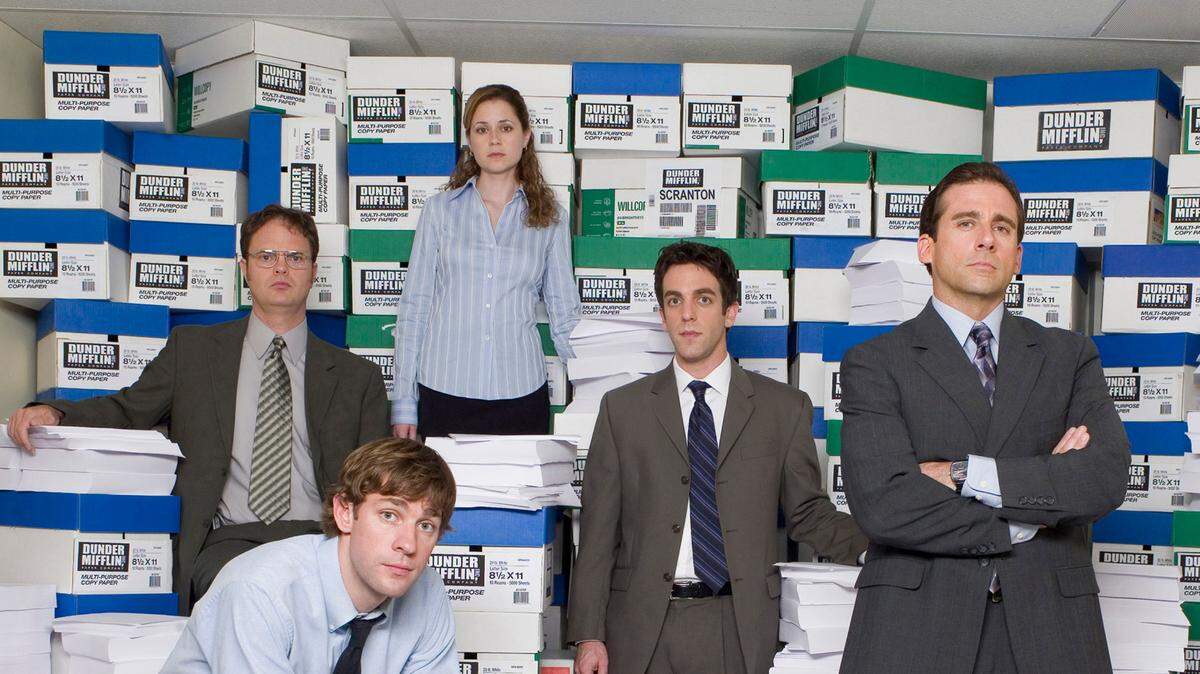 John Krasinski, from left, Rainn Wilson, Jenna Fischer, B.J. Novak and Steve Carell starred in NBC’s “The Office.”