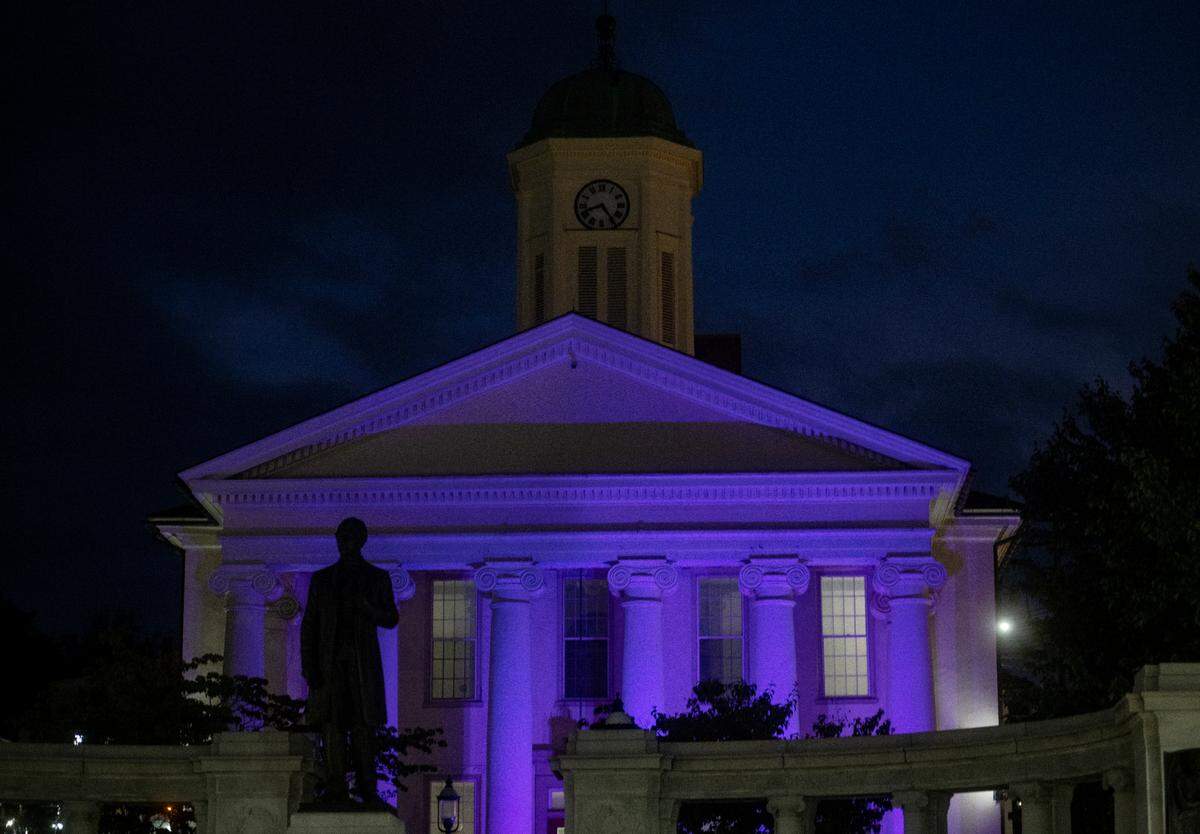 The Centre County Courthouse was illuminated with purple lights on Wednesday, Aug. 30, 2023 to remember those who have died from drug overdose.