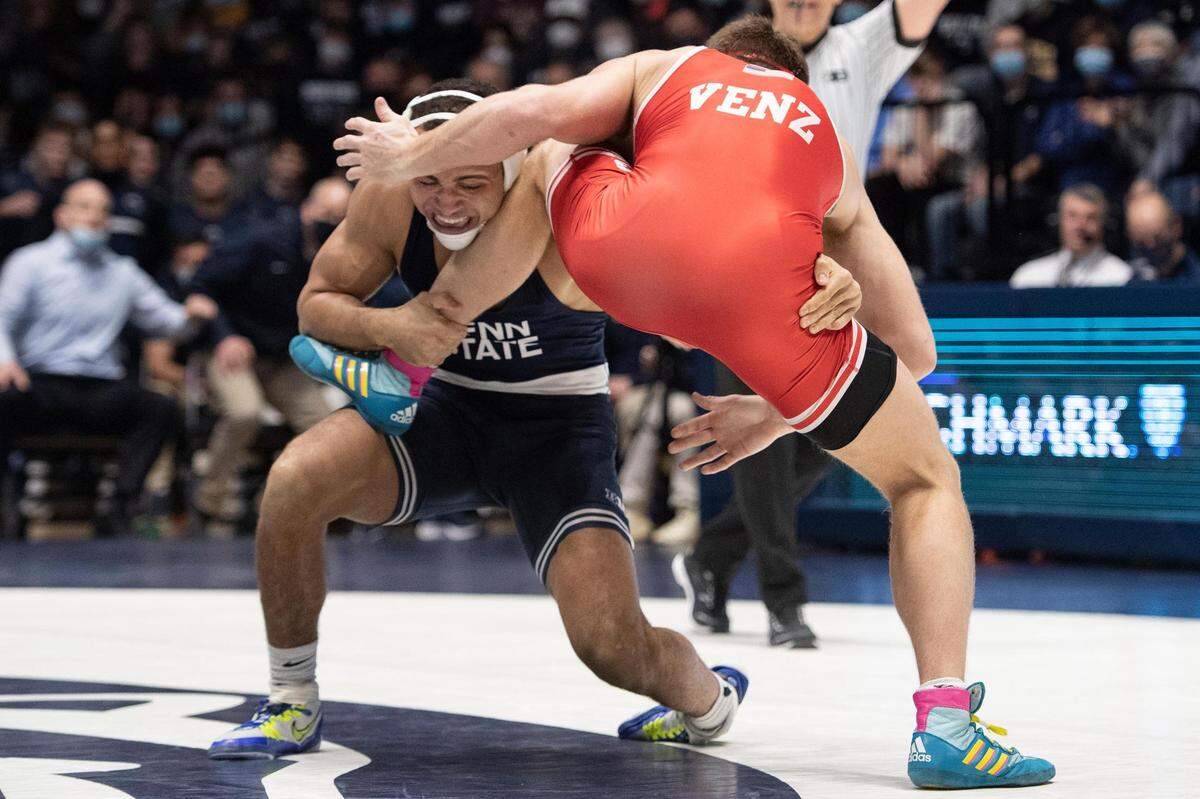 Penn State’s Aaron Brooks wrestles Nebraska’s Taylor Venz during an NCAA wrestling dual between No. 1 Penn State and No. 8 Nebraska at Rec Hall on Sunday. Penn State defeated Nebraska 21-13 and claimed the Big Ten Regular Season Dual Meet Championship.
