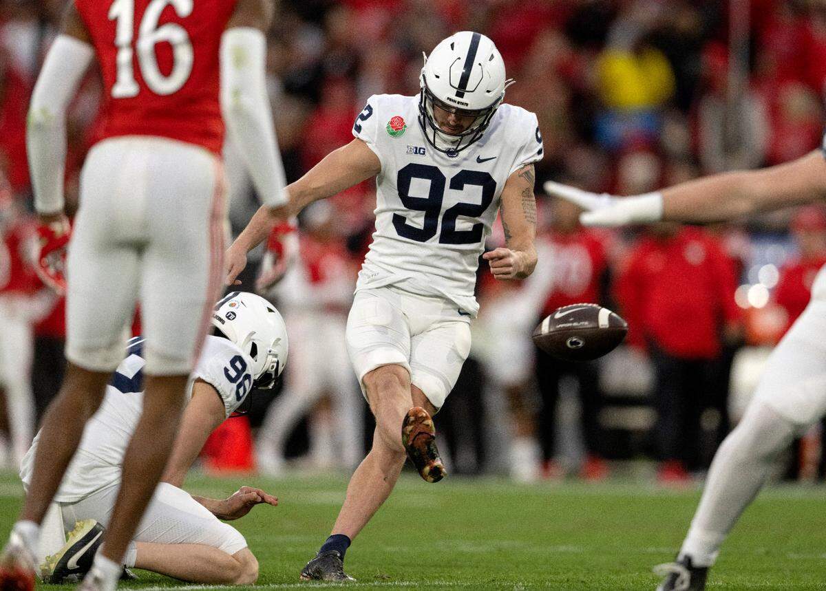 Penn State kicker Jake Pinegar kicks an extra point during the Rose Bowl game against Utah on Monday, Jan. 2, 2023.