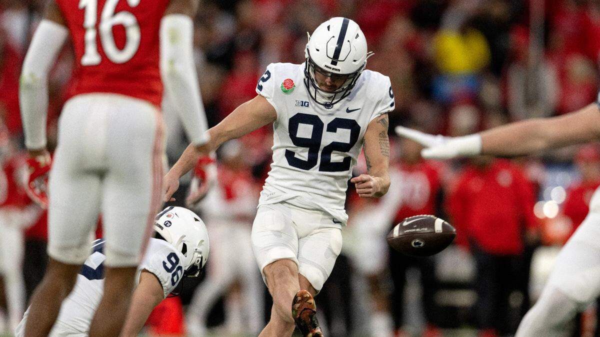Penn State kicker Jake Pinegar kicks an extra point during the Rose Bowl game against Utah on Monday, Jan. 2, 2023.