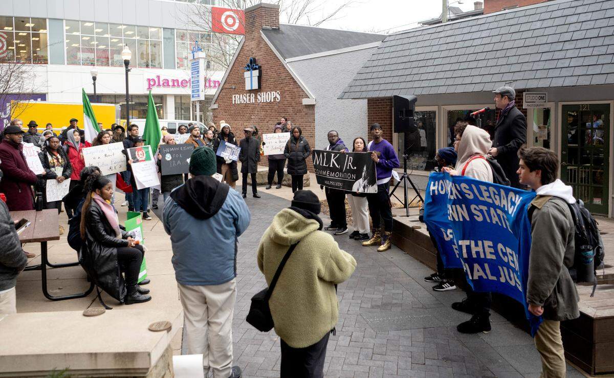 State College Mayor Ezra Nanes speaks to the students and community members who joined together Wednesday for a “March for Peace.”