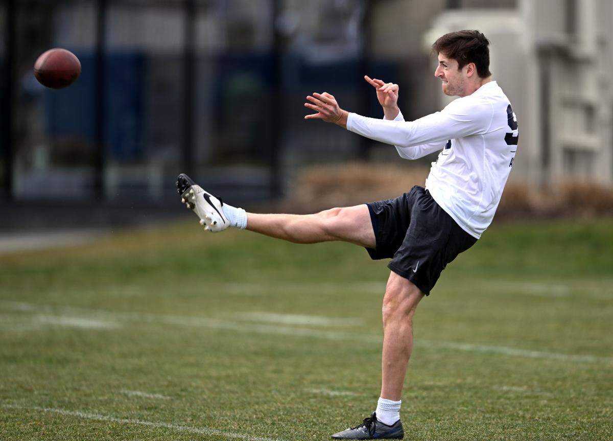 Barney Amor punts for NFL scouts during Penn State football’s Pro Day on Friday, March 24, 2023.