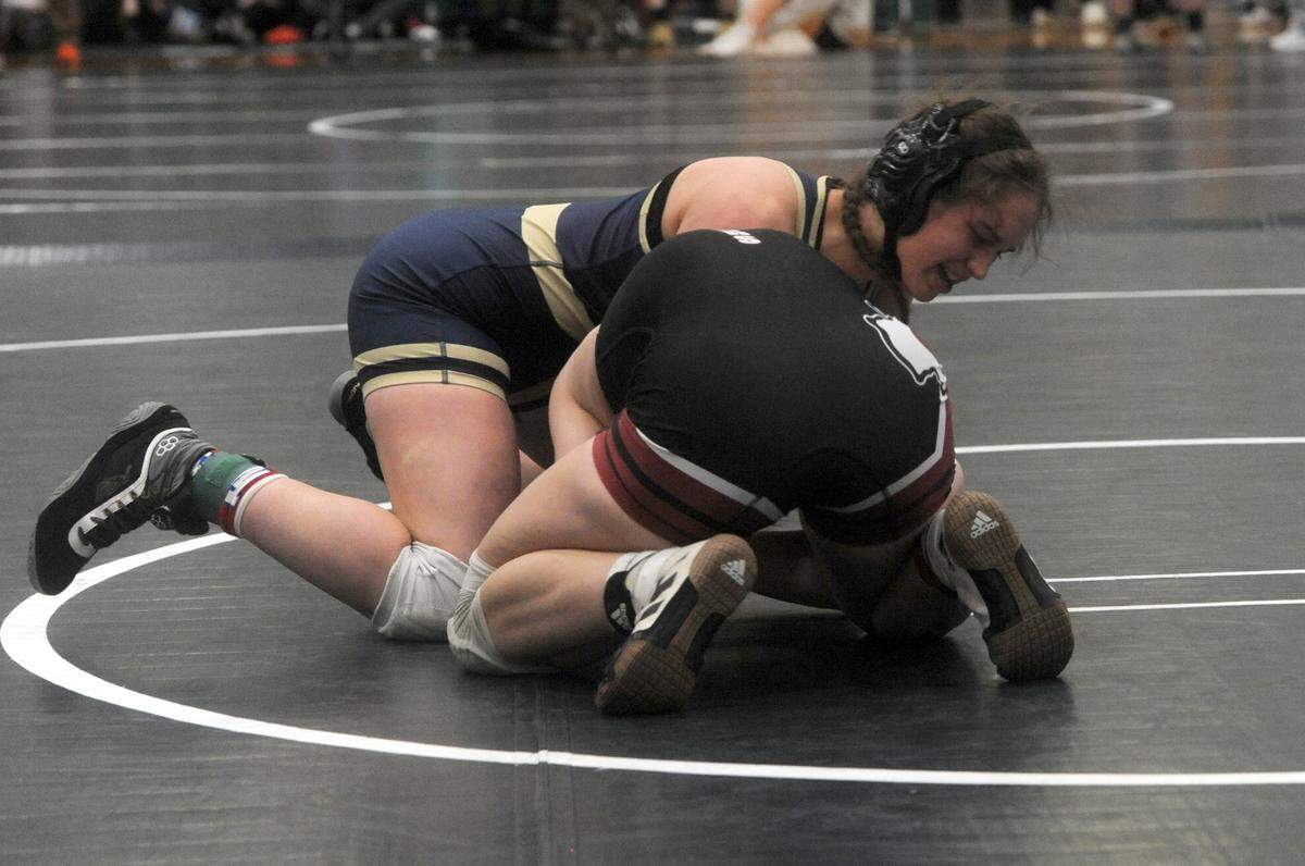 Bald Eagle Area’s Angelina Grieb controls Gettysburg’s Kylie Monroe in their 155-pound consolation finals match of the MyHouse Girls State Championships on Sunday, March 12, 2023 at Central Dauphin High School.