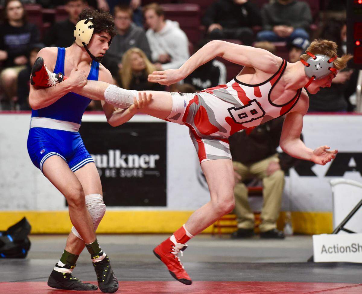 Bellefonte’s Lane Aikey placed seventh at 120 pounds at the 2020 PIAA Class 2A wrestling championships after beating Connellsville’s Jace Ross Saturday at the Giant Center in Hershey.