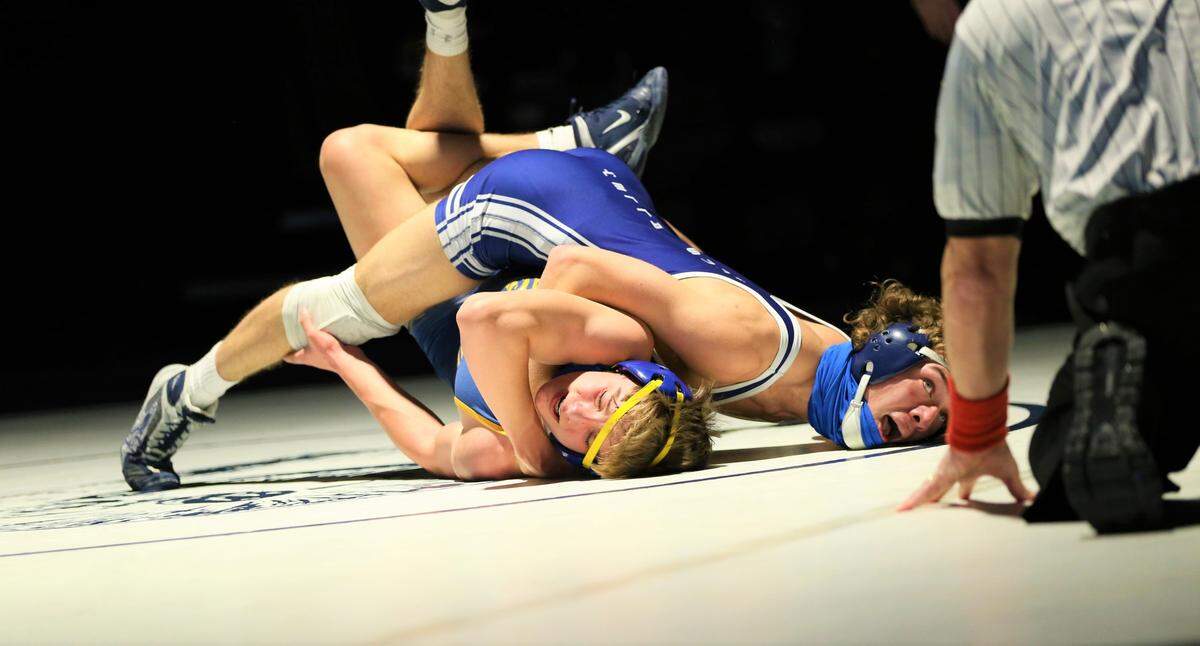 Penns Valley’s Dristen Wolfe collects near-fall points during his 152-pound bout with Glendale’s Troy Misiura in the Rams’ 34-31 loss on Tuesday in the District 6 Class 2A Team Championship semifinals. Wolfe shutout Misiura 12-0.