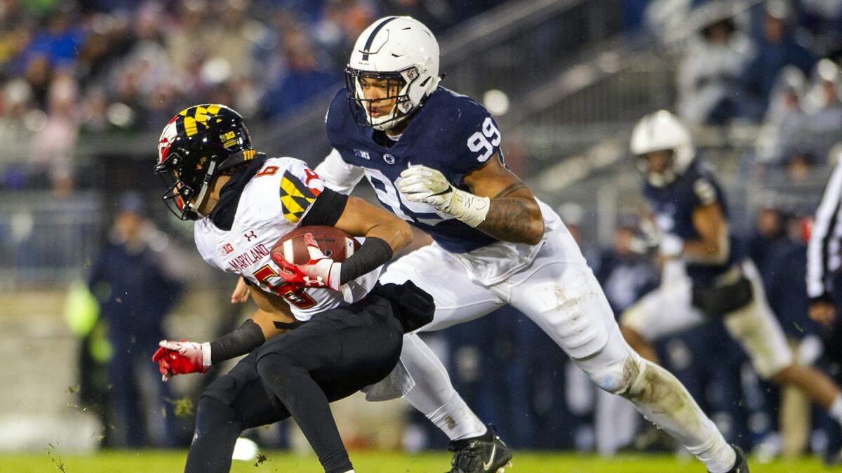 Defensive end Yetur Gross-Matos (99) runs down Maryland wide receiver Jeshaun Jones (6) during the game against Maryland at Beaver Stadium on Saturday, Nov. 24, 2018. No. 12 Penn State won 38-3.