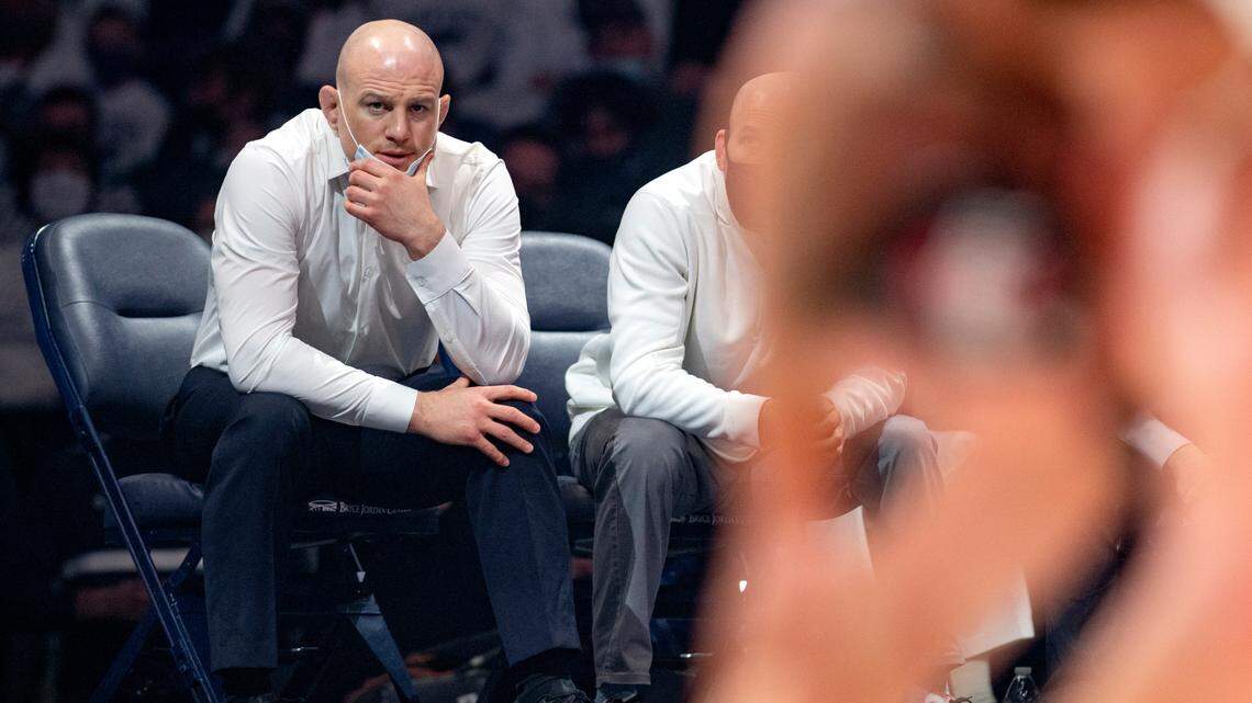 Penn State wrestling coaches Cael Sanderson watches Greg KerkvlietÕs bout during the match against Ohio State on Friday, Feb. 4, 2022 at the Bryce Jordan Center.