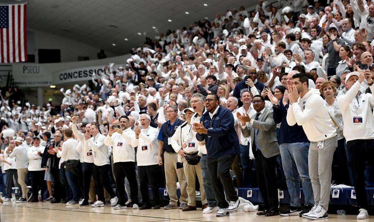 Penn State fans cheer as Zach Hicks makes a free throw with second left in the game against Illinois on Wednesday, Feb. 21, 2024 at Rec Hall.