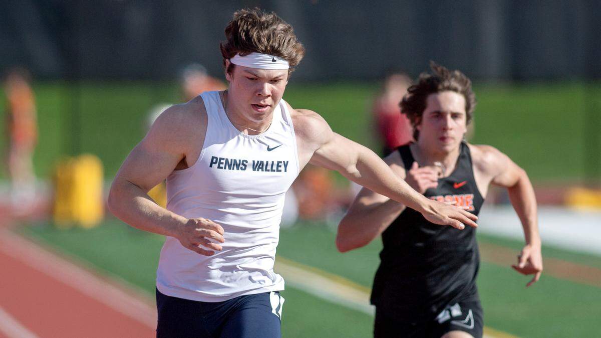 Penns Valley’s Zach Braucht finishes in third place in the 100 meter dash during the Mountain League Track and Field championships on Tuesday, May 10, 2022.