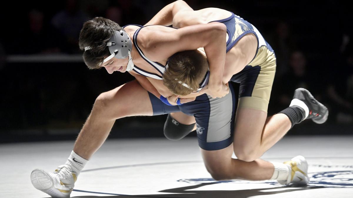 Penns Valley’s Cole Felker holds Bald Eagle Area’s Drew Koleno in the 145 lb bout during the match on Thursday Jan. 3, 2019. Felker won by decision, 5-2.