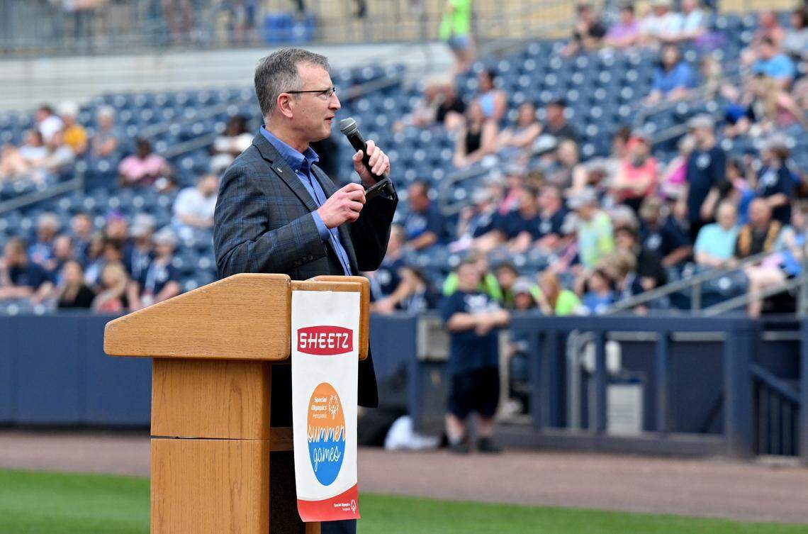 Special Olympics Pennsylvania’s president and CEO Matt Aaron speaks during the opening ceremony for the summer game on Thursday, June 5, 2025 at Medlar Field.