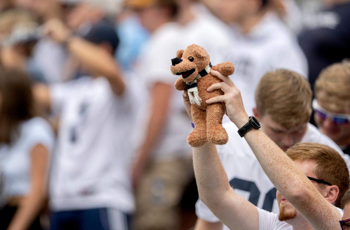 A Penn State fan holds up a stuffed Nittany lion for during the game against Ohio on Saturday, Sept. 10, 2022.