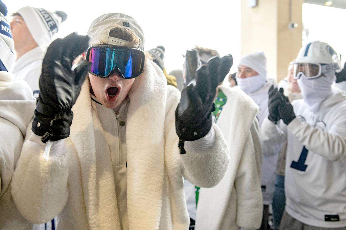 Penn State student section fans cheer as they wait to be let into Beaver Stadium for the CFP first round game between Penn State and SMU on Saturday, Dec. 21, 2024.