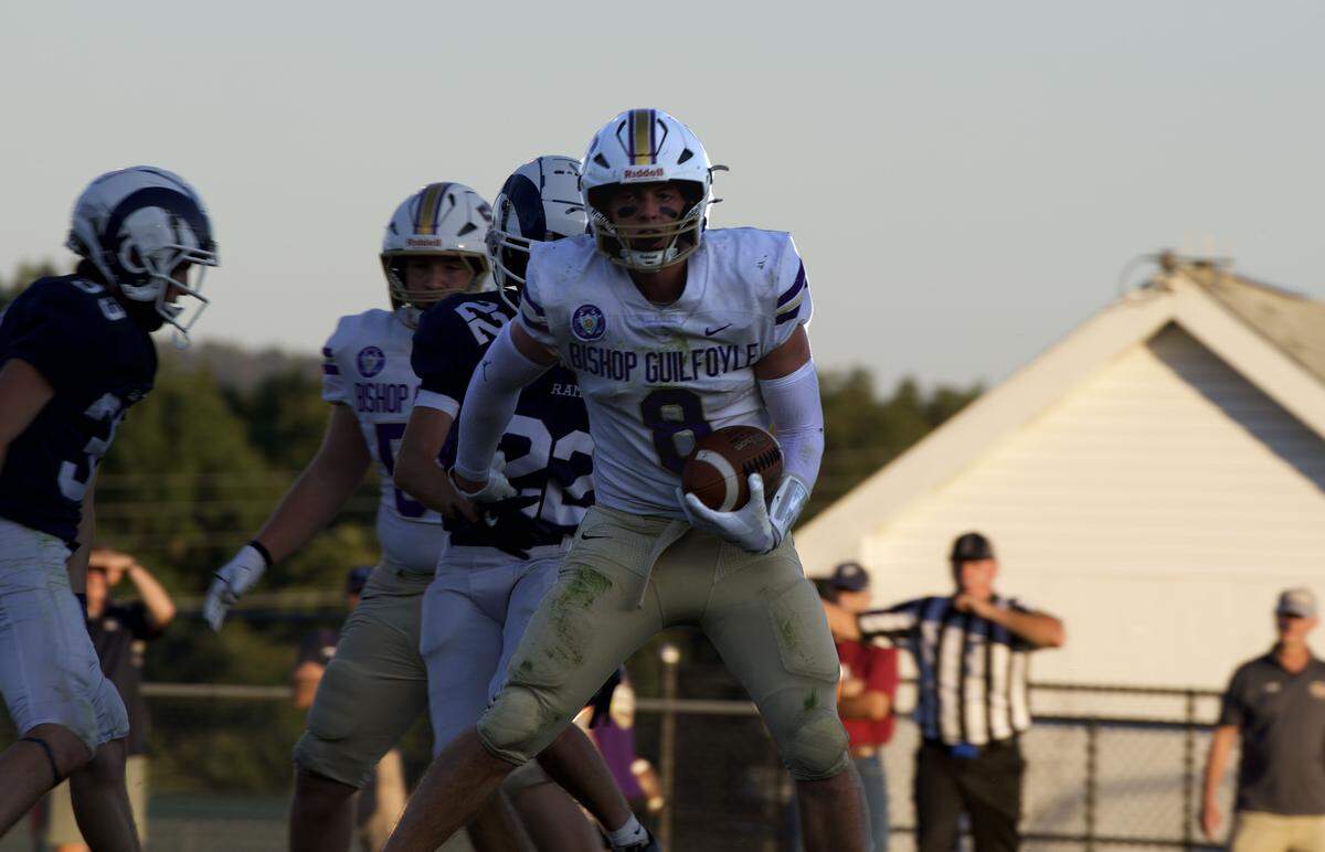 Quarterback Jake Kissell (8) stands with the ball at Penns Valley Area High School in Spring Mills on Friday Aug. 22, 2025. Bishop Guilfoyle beat the Rams 42-18