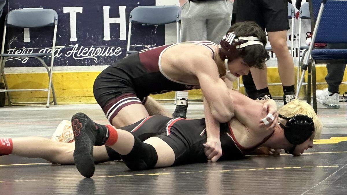 State College’s Luke Young, seen here earlier this month at the PIAA Class 3A Team Wrestling Championships, was one of three district champions for the Little Lions on Saturday.