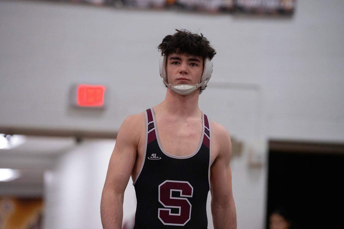 State High wrestler James Whitbred looks on before a match during the District 6 Class 3A individual championships in the Altoona High School Fieldhouse in Altoona, Pa., on Saturday, Feb. 21, 2026.