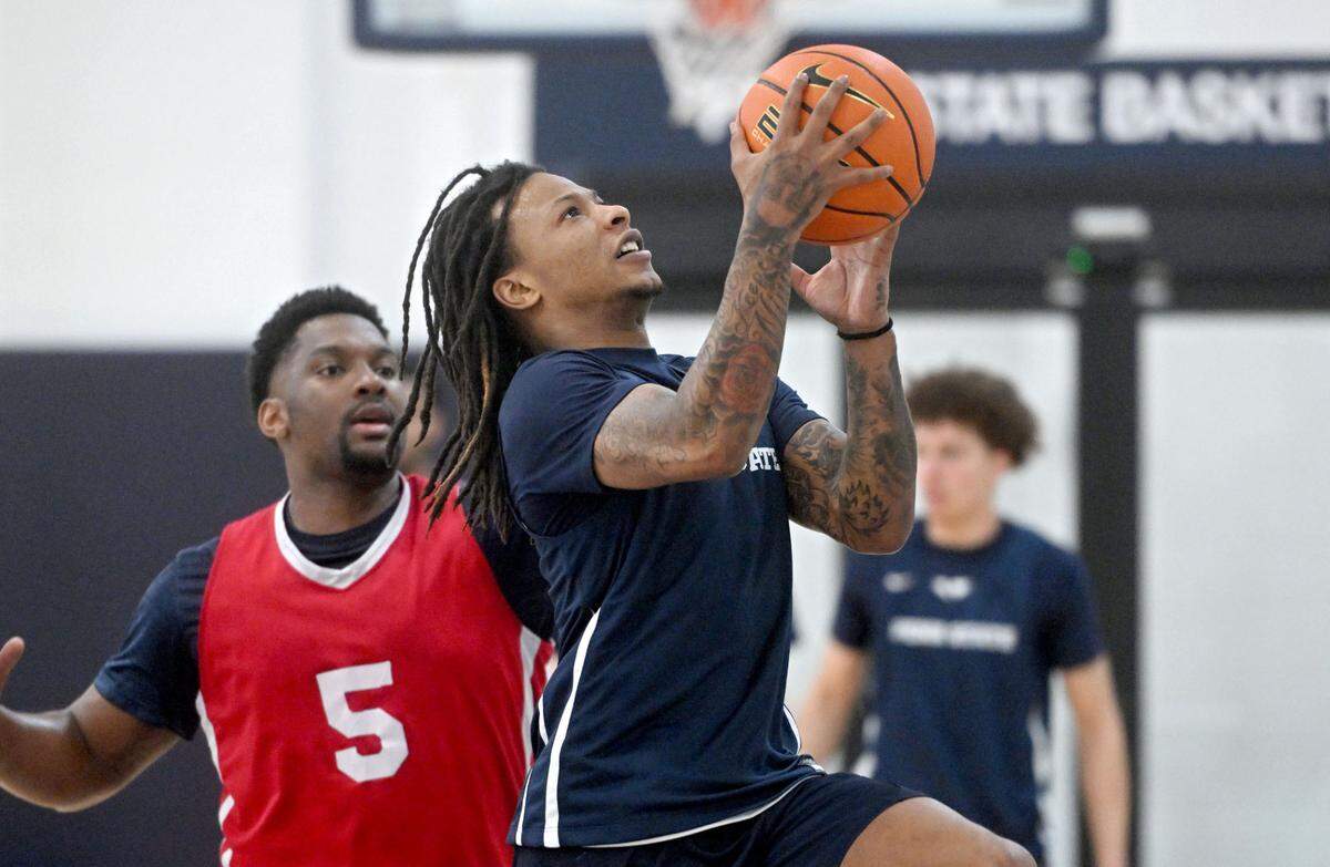 Penn State’s Ace Baldwin Jr. goes in for a basket during summer practice on Thursday, July 18, 2024.