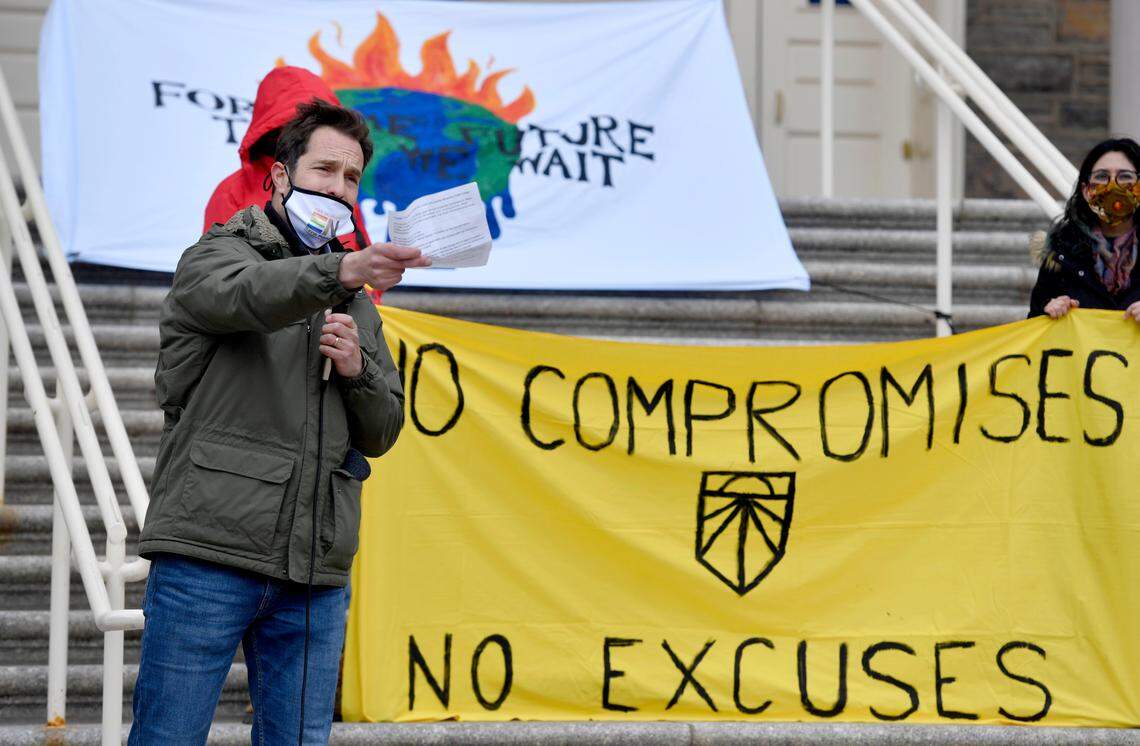 Ezra Nanes speaks during an Earth Day strike in front of Old Main on Thursday, April 22, 2021.