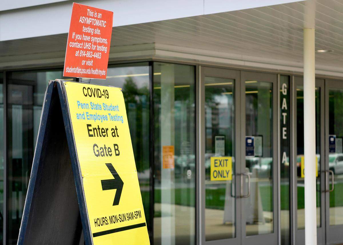 A sign promotes the Penn State COVID-19 asymptomatic testing site at Pegula Ice Arena on Aug. 19.