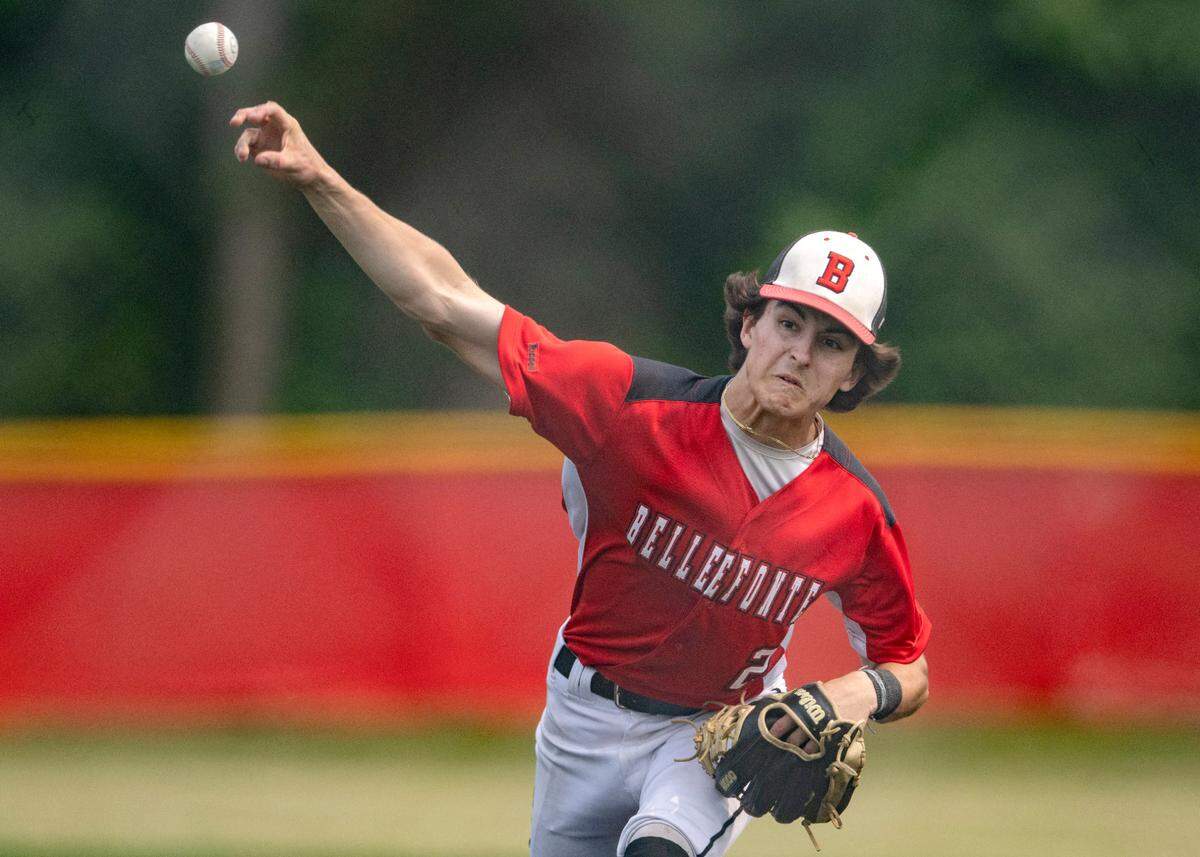 Bellefonte’s Peyton Vancas pitches during the game against Greater Latrobe in the first round of the PIAA class 4A baseball playoffs on Monday, June 5, 2023.