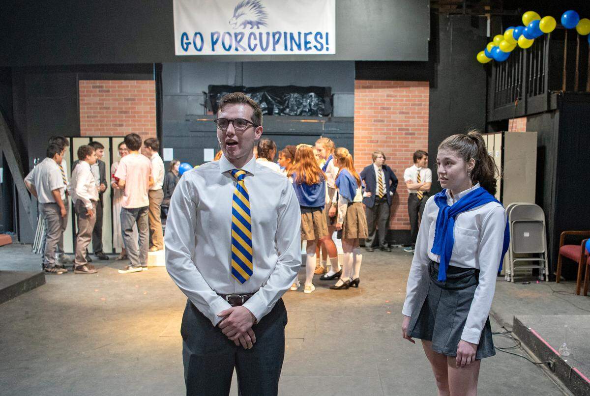 Thomas Delahoy and Sophia La Porta in a scene from “Emma: A Pop Musical” during rehearsal for Saint Joseph’s Catholic Academy’s production at the Boal Barn on Tuesday, May 3, 2022.