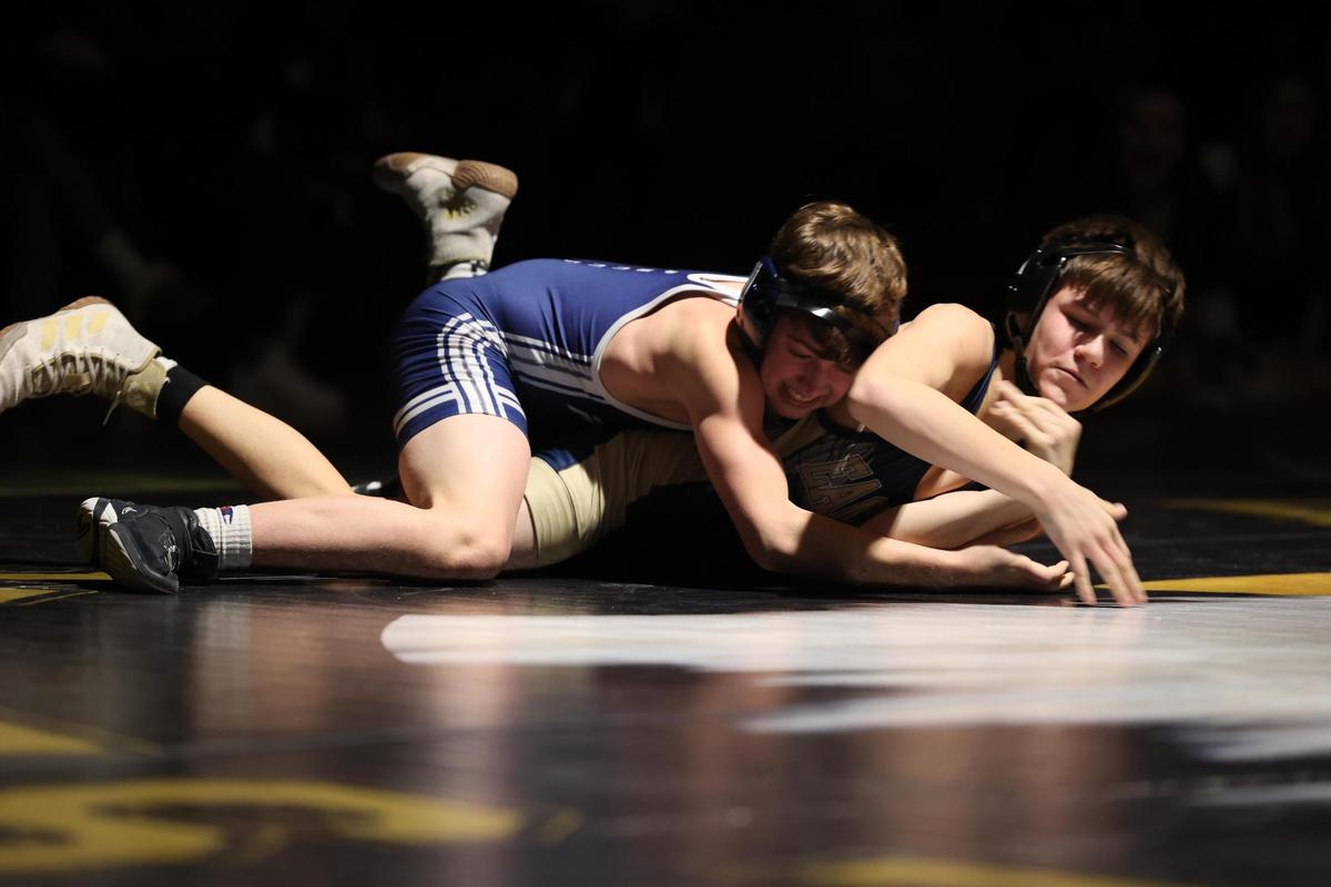 Penns Valley’s Conner Myers controls Bald Eagle Area’s Liam Purcell in their 107-pound bout of the Rams’ 31-27 win on Tuesday, January 10, 2023. Myers beat Purcell, 10-6.