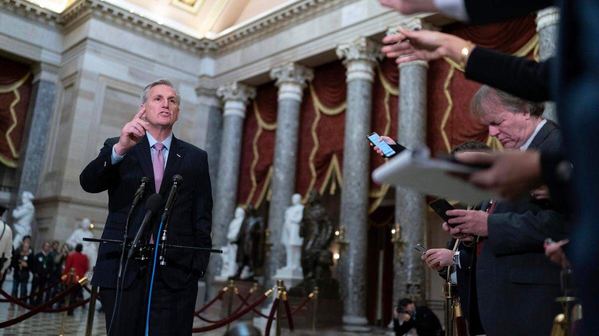 Speaker of the House Kevin McCarthy, R-Calif., speaks during a news conference Thursday in Statuary Hall at the Capitol in Washington.