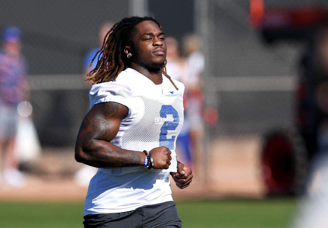 Boise State running back Ashton Jeanty jogs during practice for the Fiesta Bowl on Sunday.