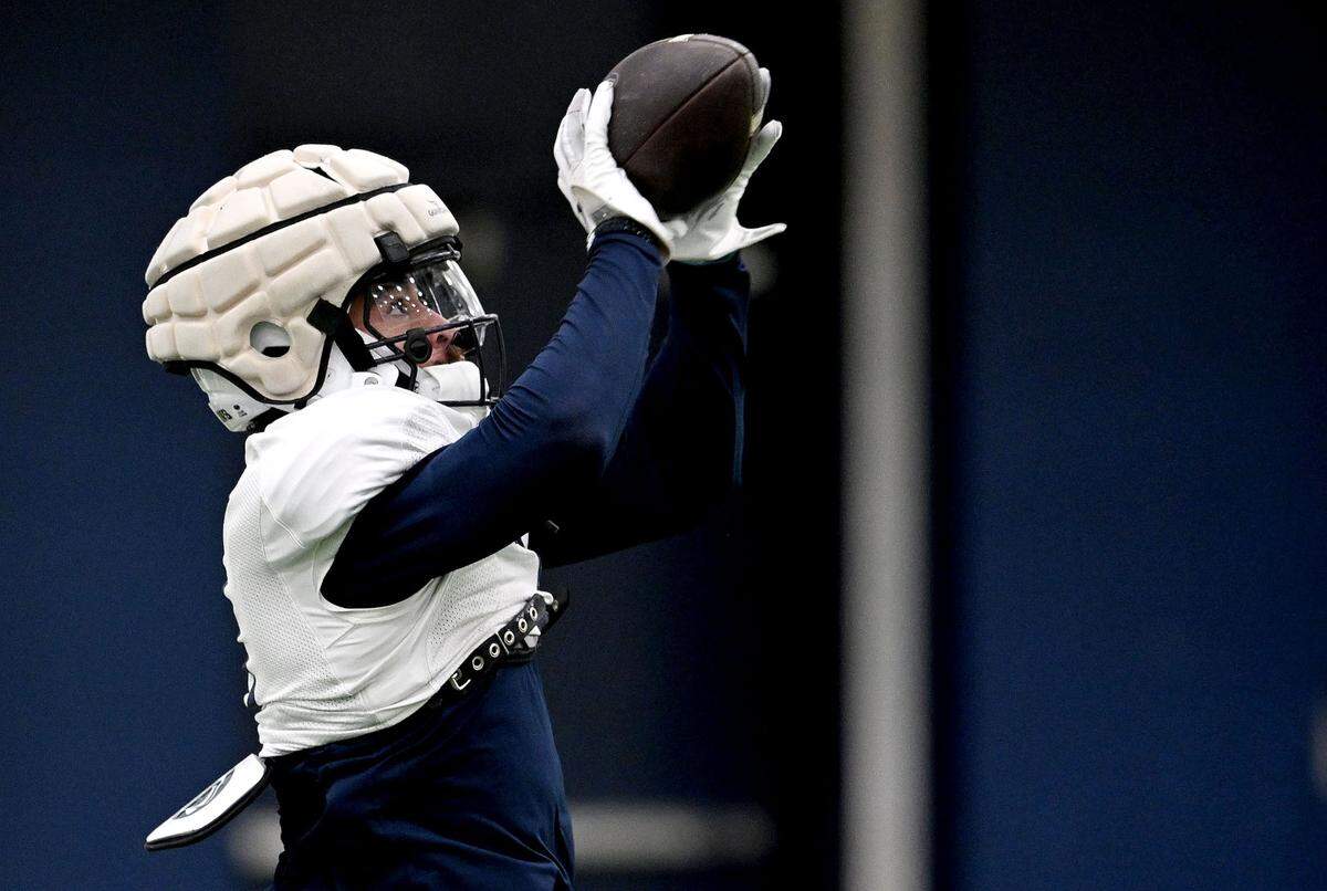 Penn State wide receiver Julian Fleming makes a catch during practice on Wednesday, Dec. 4, 2024.