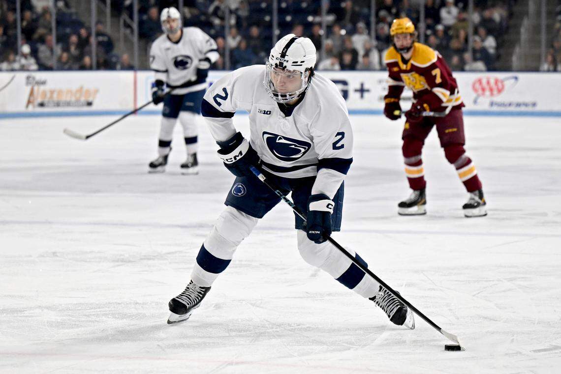 Penn State's Carter Schade takes a shot during the game against Minnesota on Friday, Jan. 9, 2026 at Pegula Ice Arena.