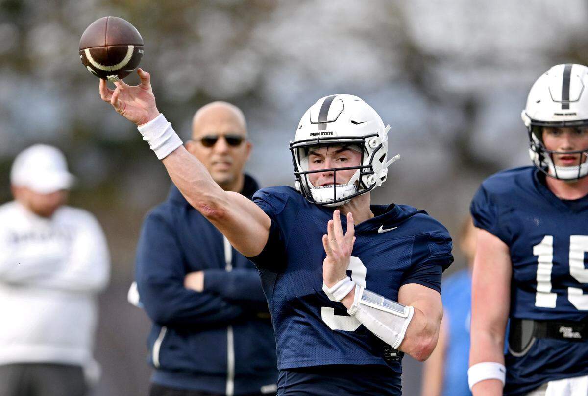 Penn State quarterback Beau Pribula makes a pass during a spring practice on Tuesday, April 9, 2024.